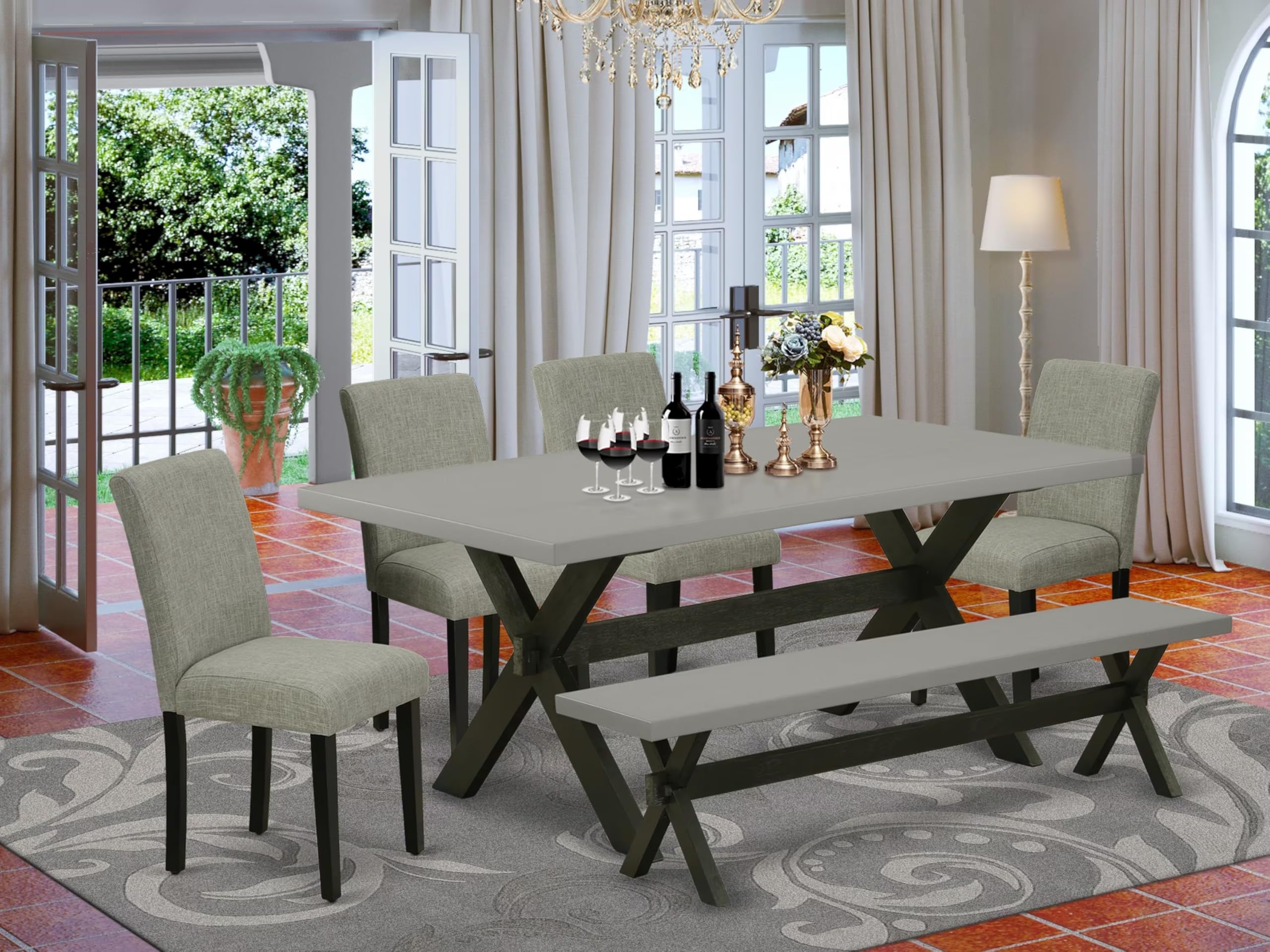 East West Furniture X697Ab106-6 6 Piece Dinette Set Contains A Rectangle Dining Table With X-Legs And 4 Shitake Linen Fabric Parson Chairs With A Bench, 40X72 Inch, Multi-Color